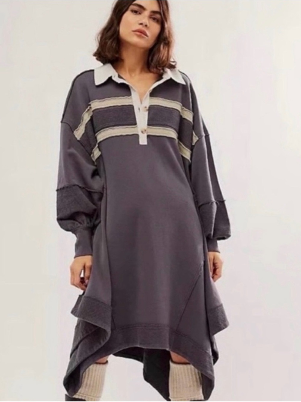 Free People Charcoal Gray Maxi Dress with Cream Collar and Stripe
